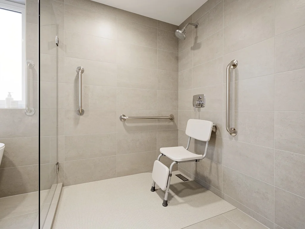 Douche sécurisée avec siège, mitigeur thermostatique et barre verticale