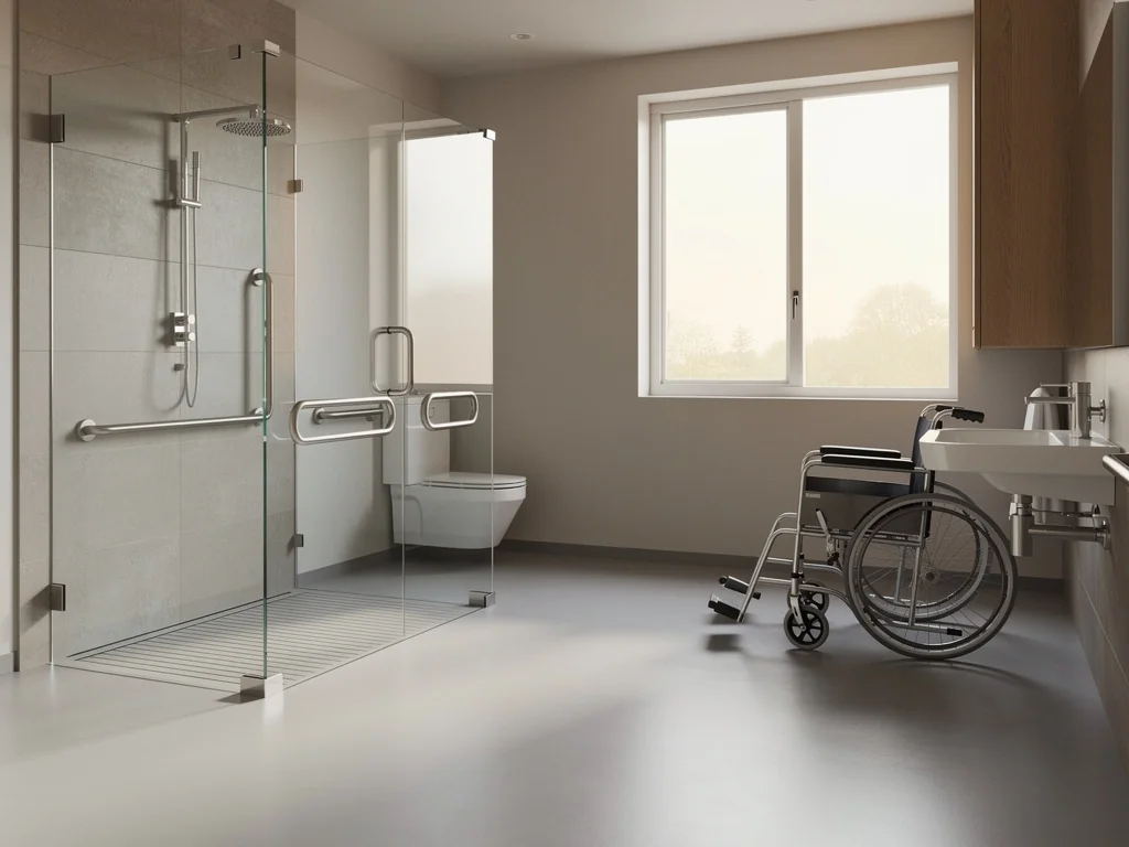 Salle de bain accessible avec large espace de circulation et lavabo mural